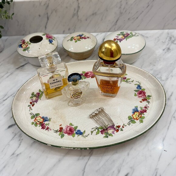 Antique English Earthenware Vanity Tray with Hair Receiver/Vanity bowl Set - Picture 9 of 17